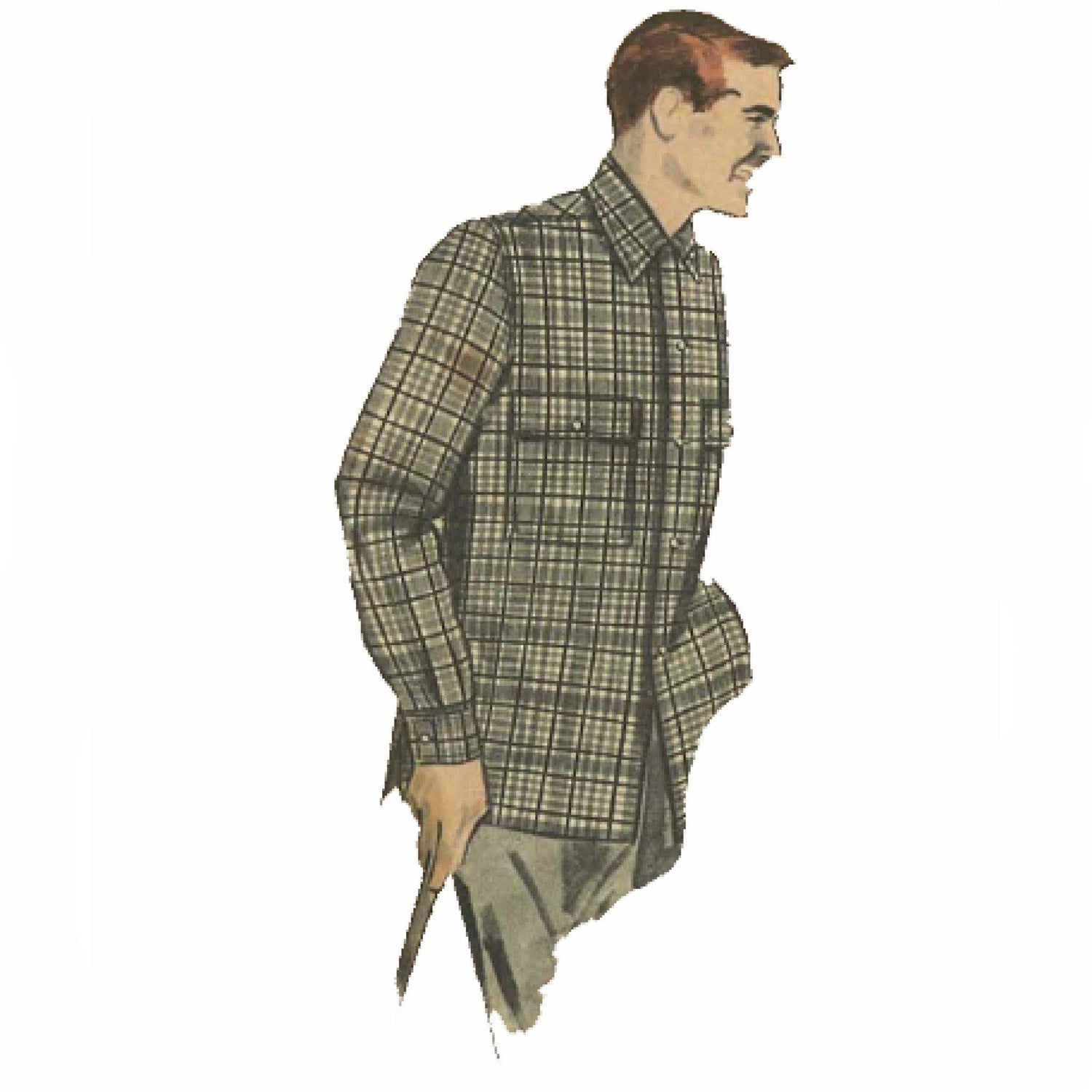 Line drawing of all pattern pieces included in "1950s Pattern, Men's Casual Sports Shirt"
