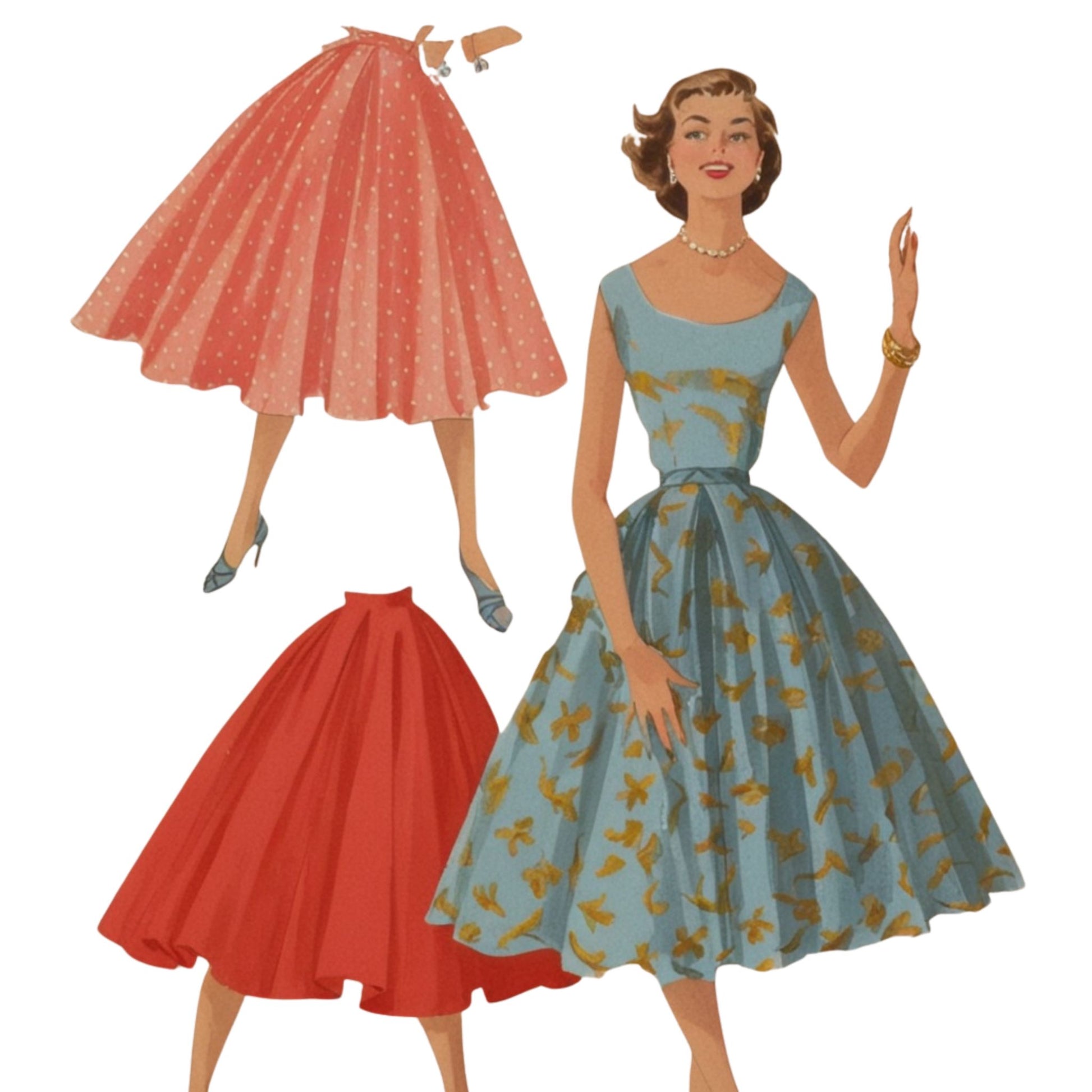 Vintage-style dress with red and pink skirts on a white background