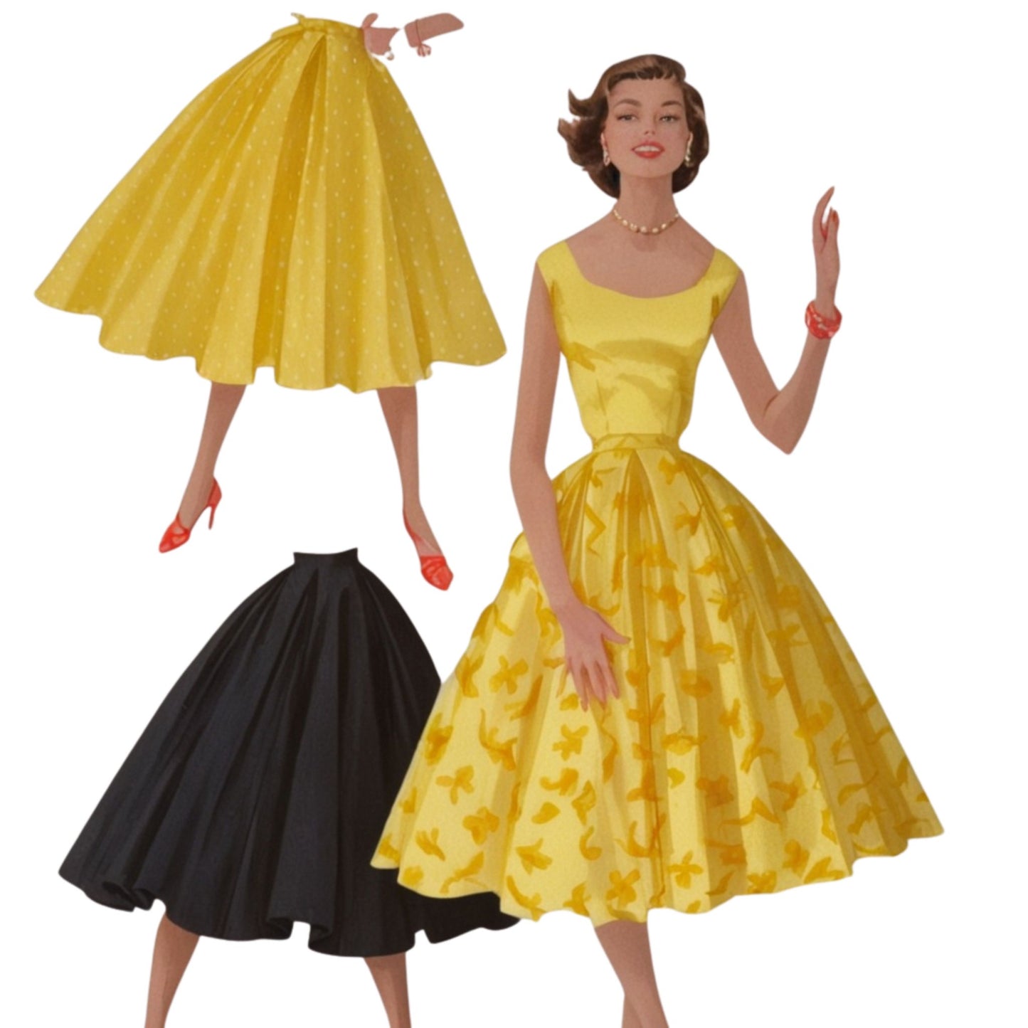Vintage 1950s Pattern, 'Easy to Sew' Rockabilly Full Circle Skirt - Multi-sizes