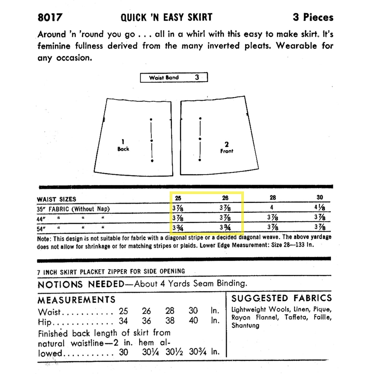 Black and white sewing pattern cover page for 'Quick 'n Easy Skirt' 8017, showing front, back and waist diagrams, a waist sizes table, and measurement instructions.
