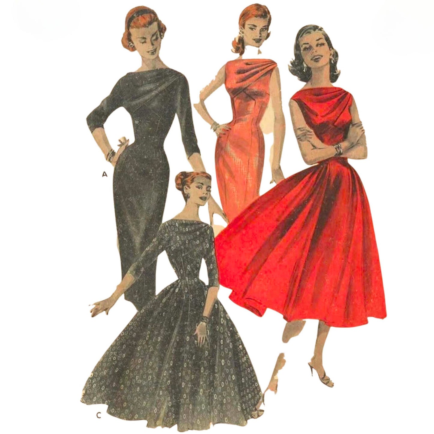 Four different styles of dresses, one black, one red, one pink, and one grey with sequins. The dresses are all sleeveless and have a scoop neckline. The dresses are all fitted and have a cinched waist. The dresses are all knee-length. The letters A, B, C, and D are shown in the image.
