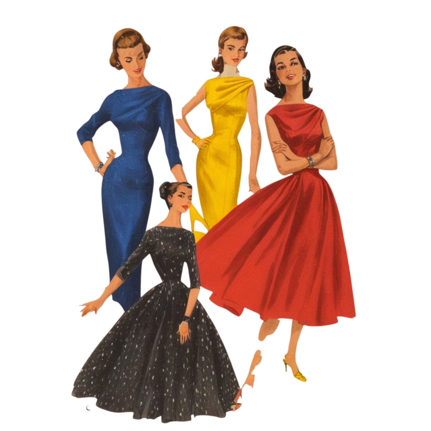 Four women in vintage-style dresses on a white background