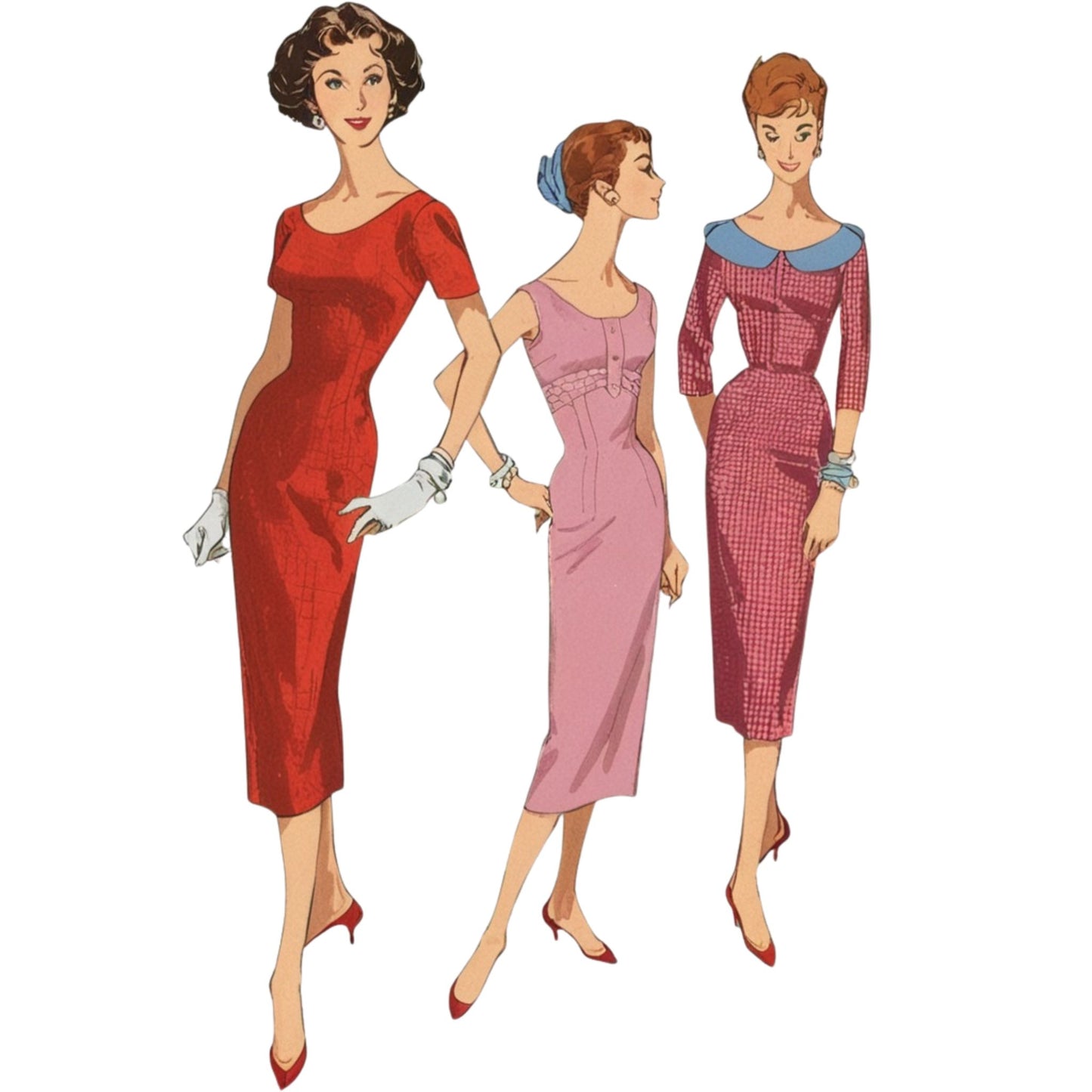 Three women in vintage dresses on a white background