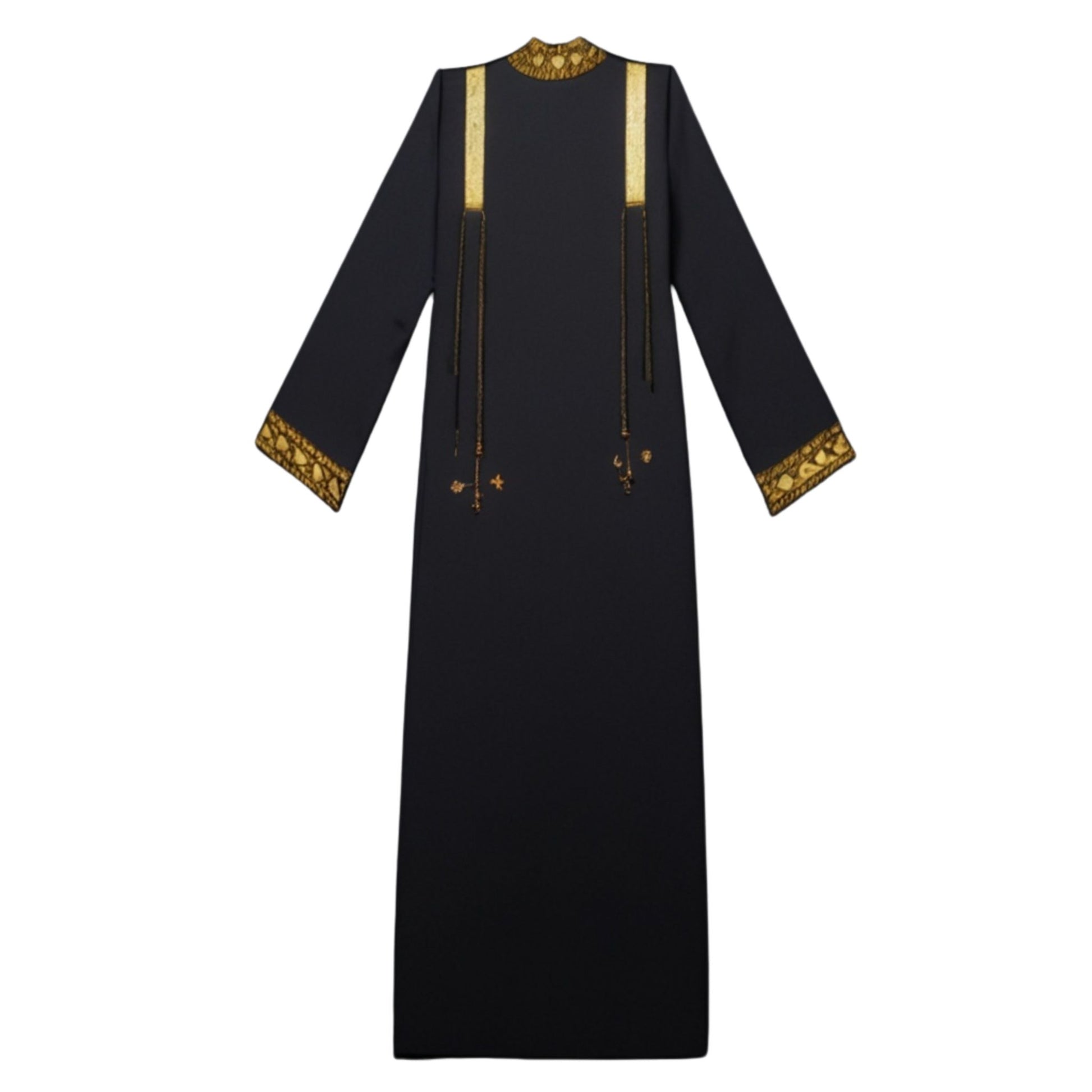 Black dress with gold embroidery on a white background