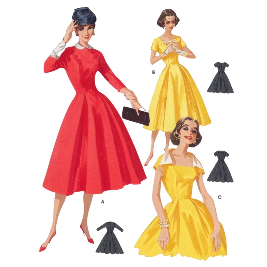 Three women in red, yellow, and black dresses with a white background