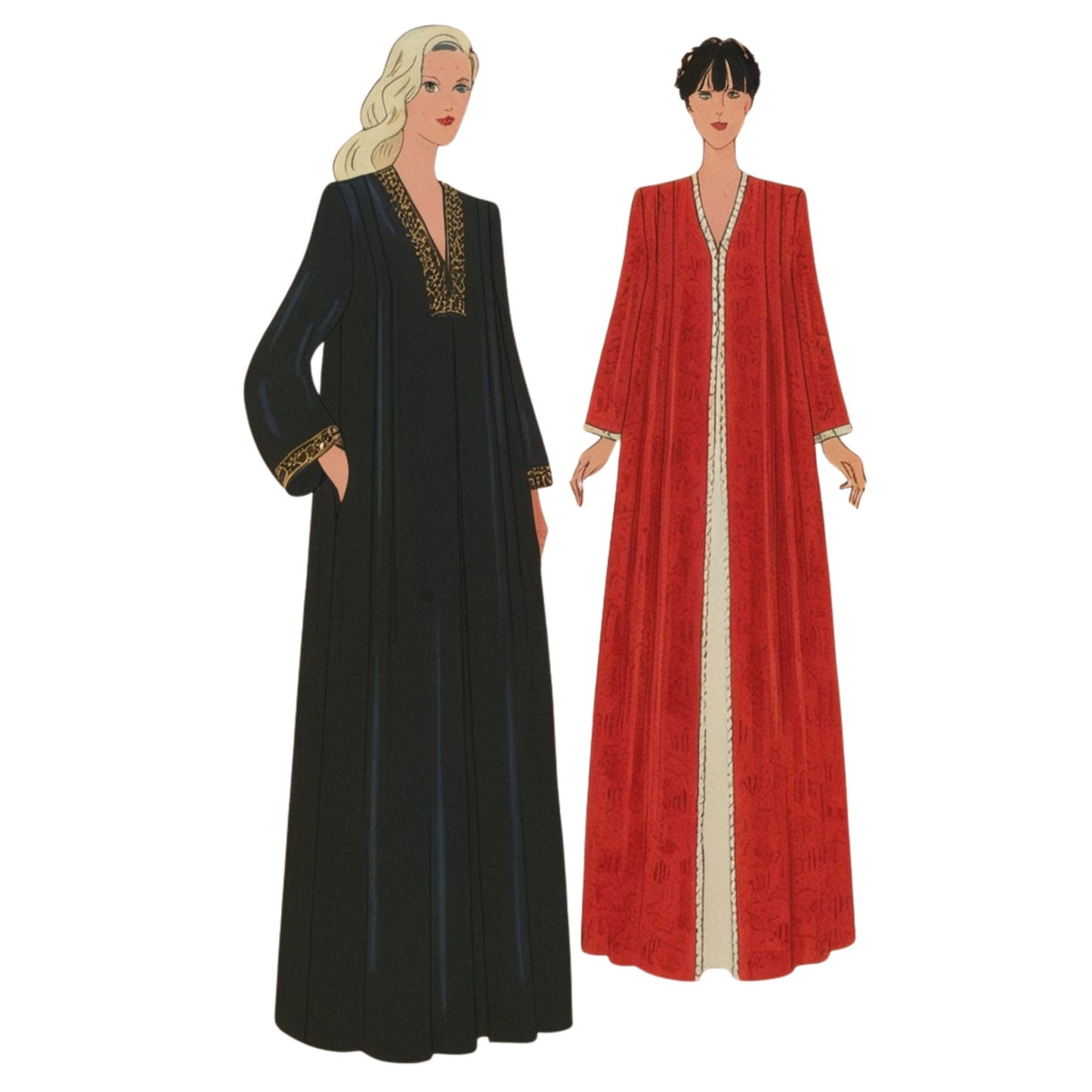 Two long dresses, one black and one red,  against a white background.