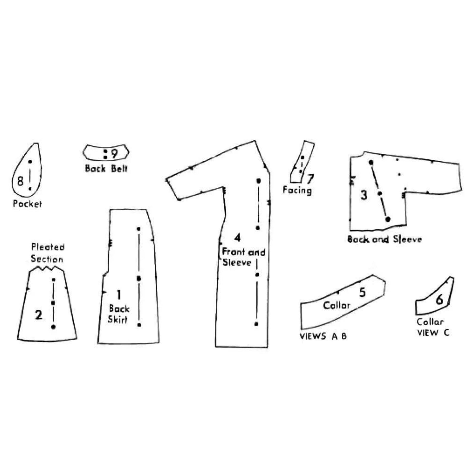 Black and white diagram of a garment layout with labeled parts on a white background