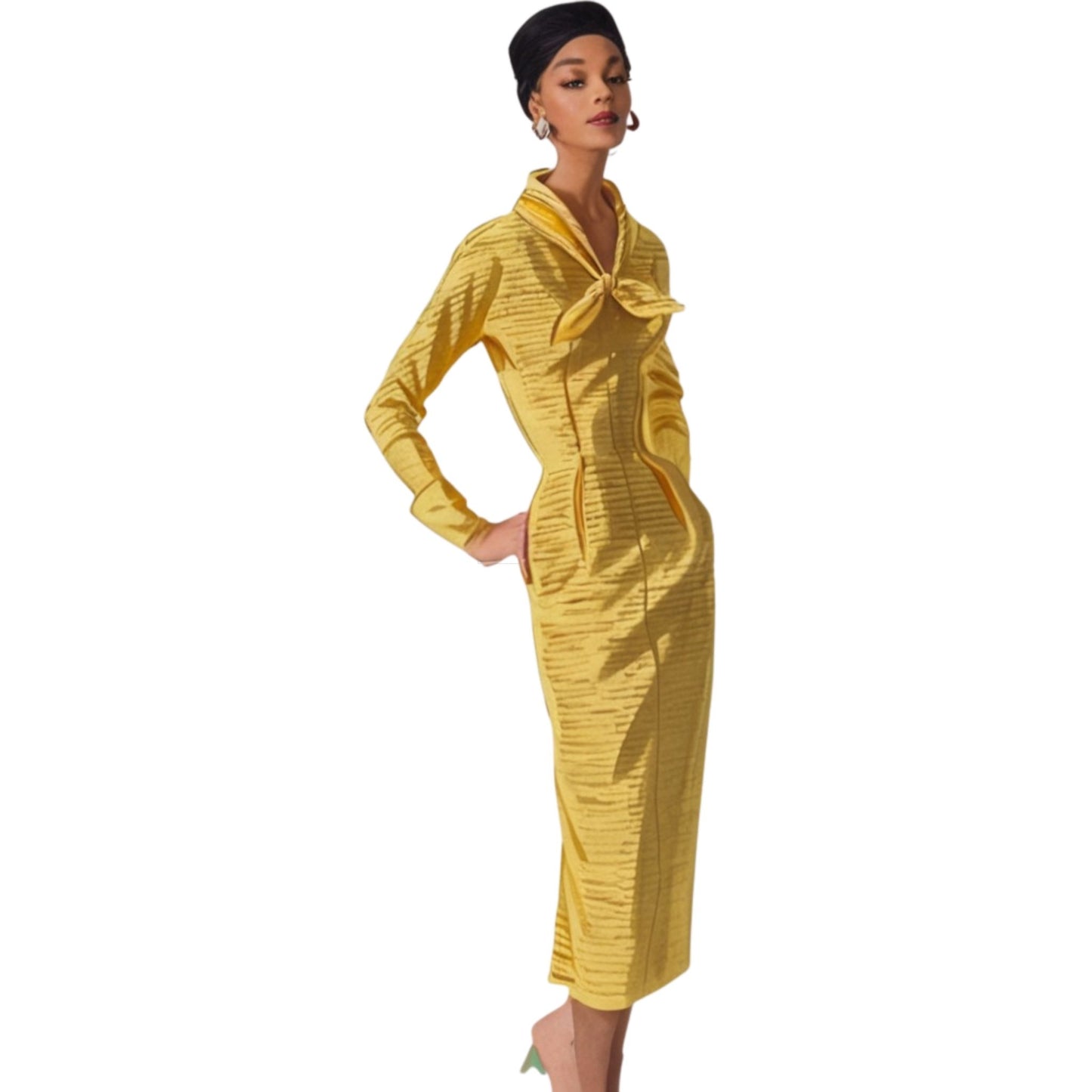 Woman wearing a yellow dress with a bow detail on a white background