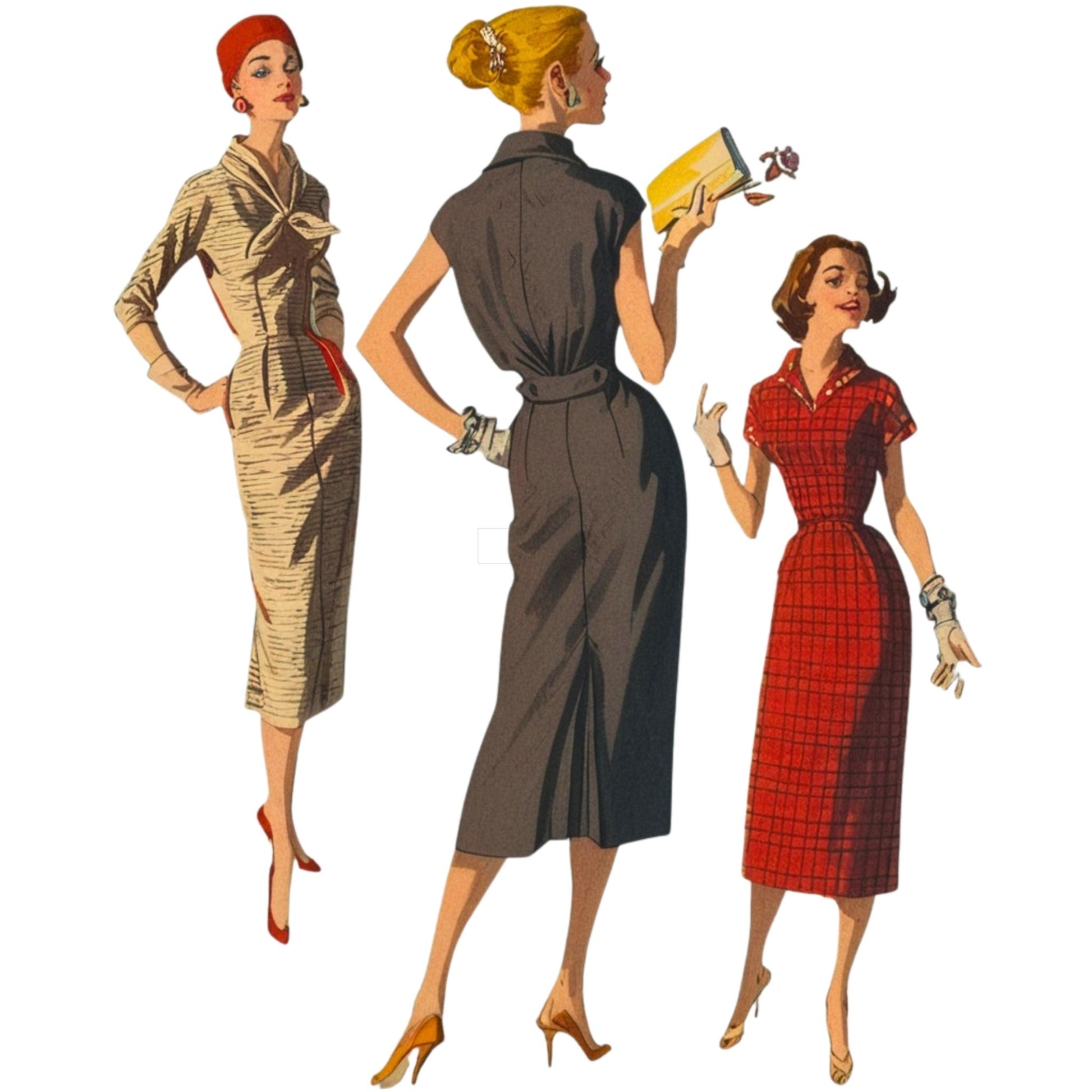 Illustration of three women in vintage dresses on a white background