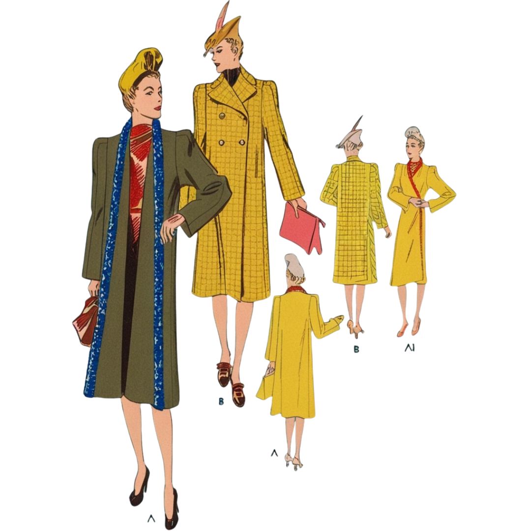 Vintage fashion illustration of women in long coats with different styles and colors.
