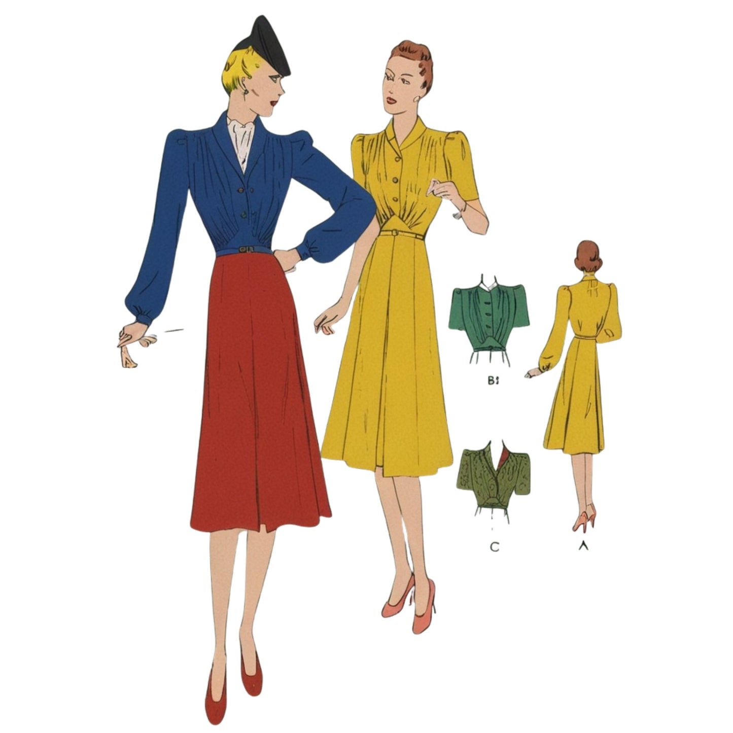 Illustration of two women wearing vintage outfits with a focus on clothing design.