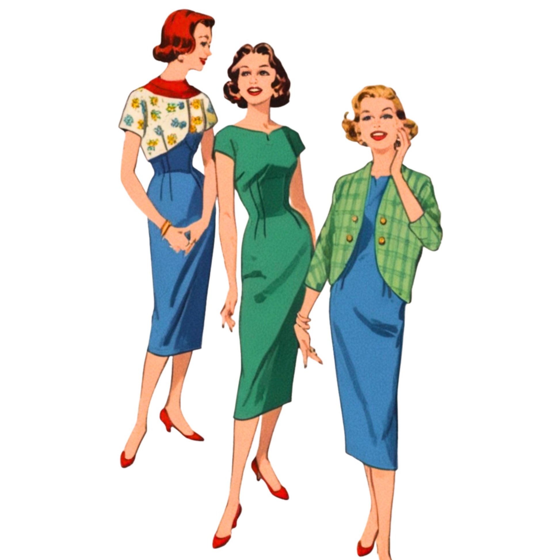 Three women in vintage clothing on a white background