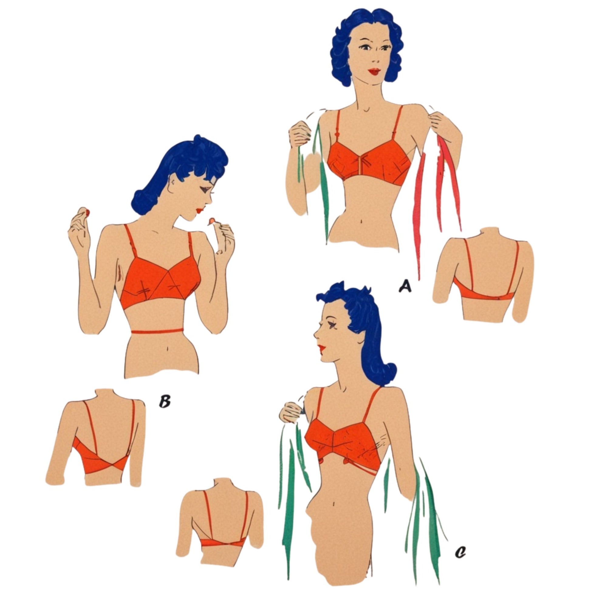 Illustration of a woman wearing an orange bikini with different angles shown.