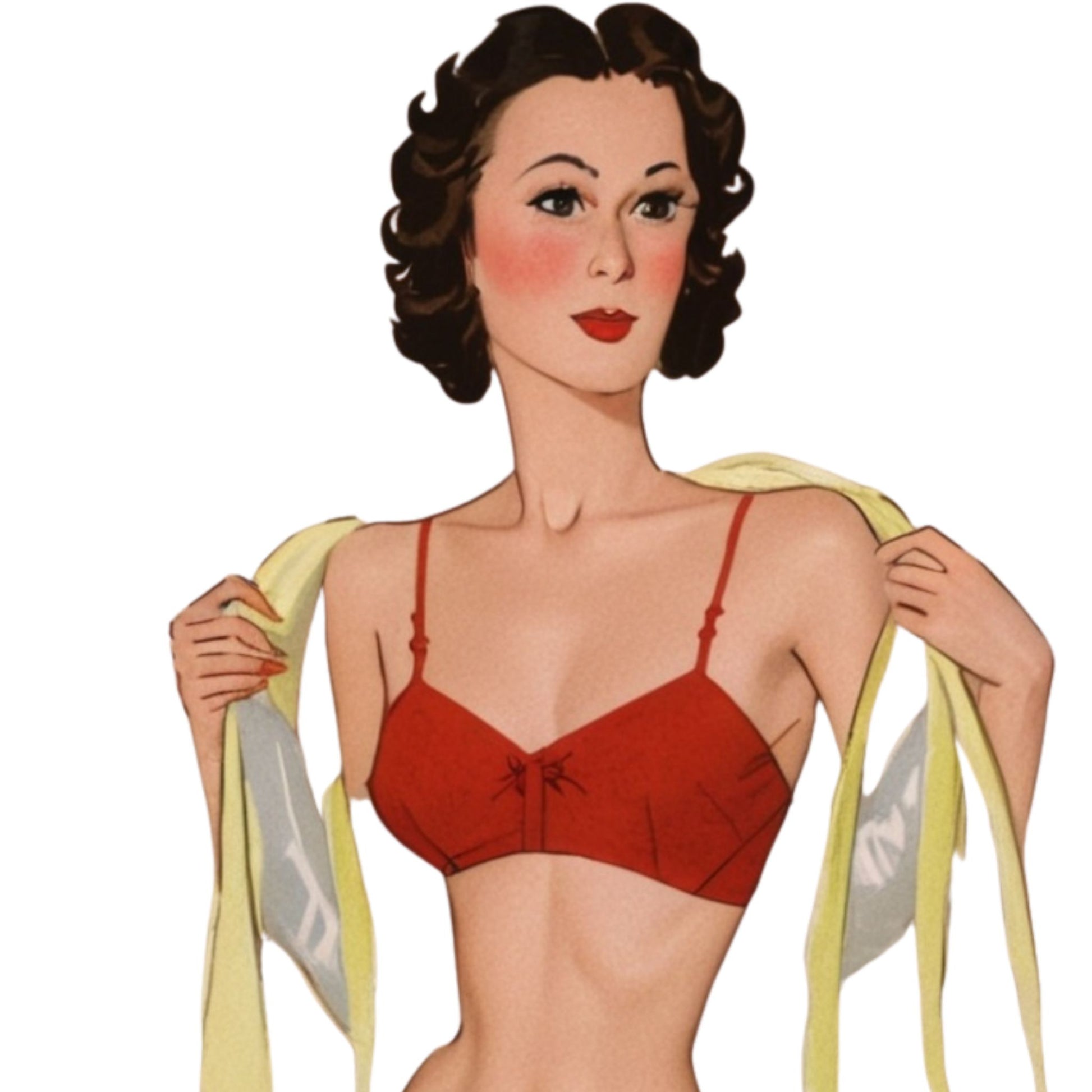 Illustration of a woman wearing a red bra with a yellow garment draped over her shoulders.