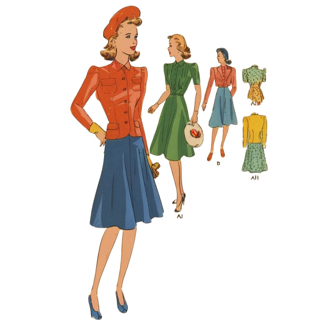 Vintage-style illustration of a woman in a red jacket and blue skirt with smaller images of other outfits on the right.