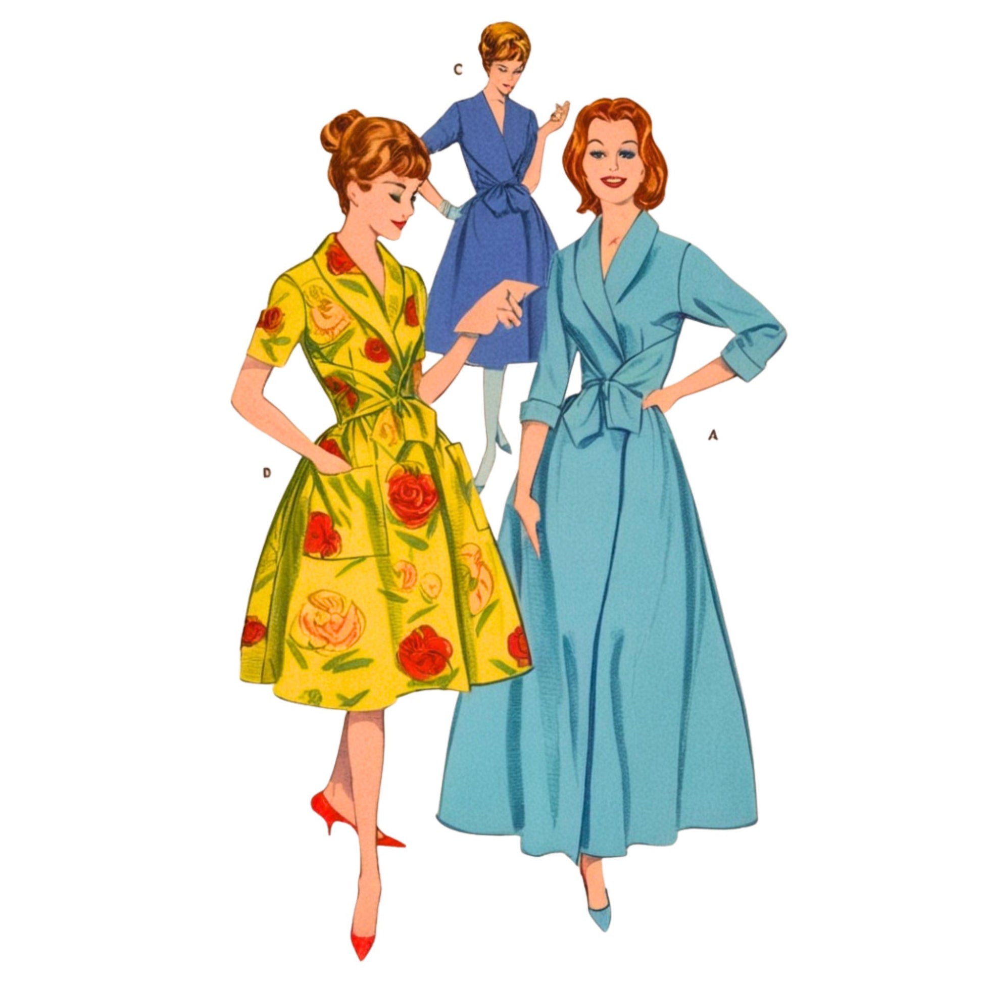 Illustration of women wearing vintage-style dresses and robes on a white background