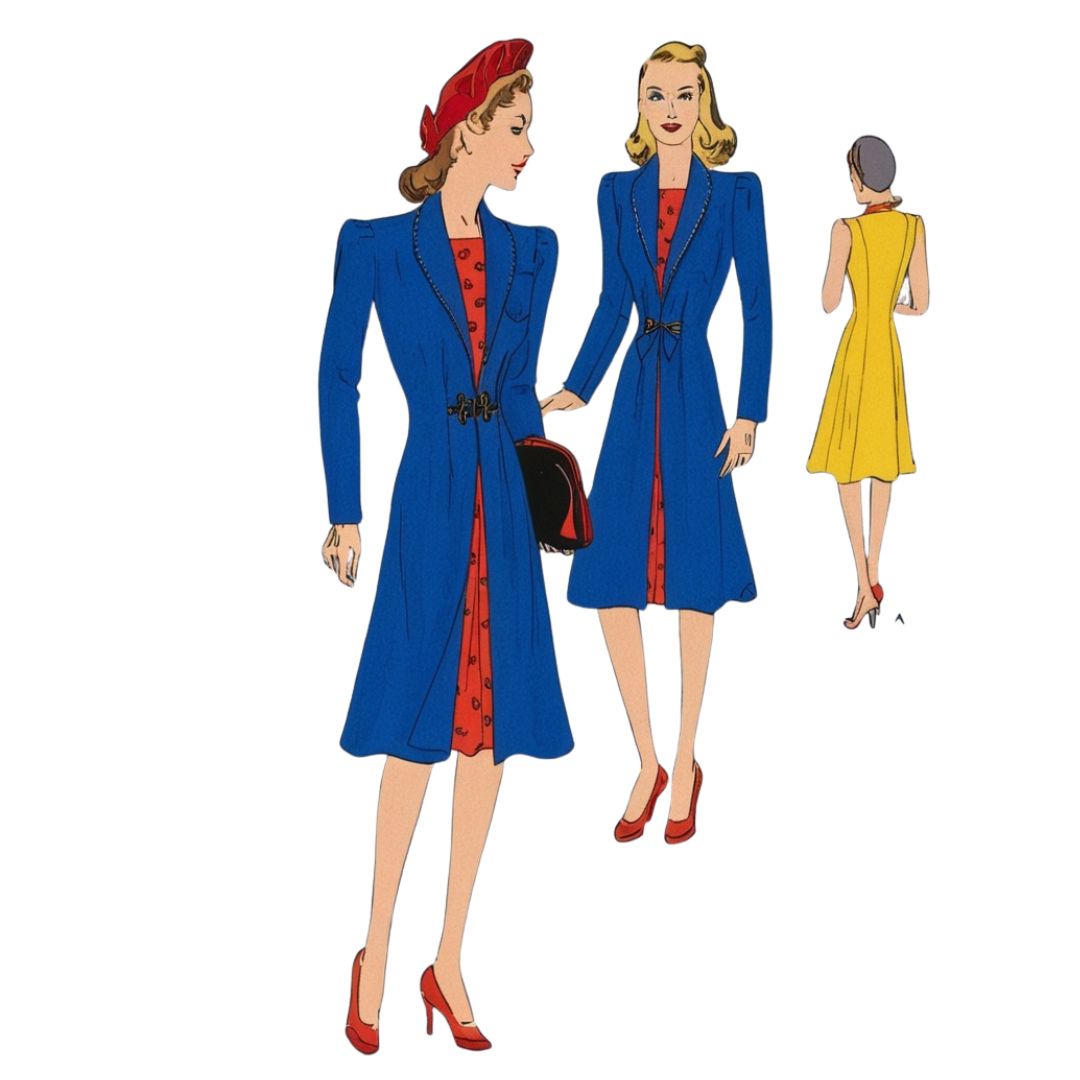 Illustration of a woman wearing a blue coat with red interior, holding a black handbag, on a white background.