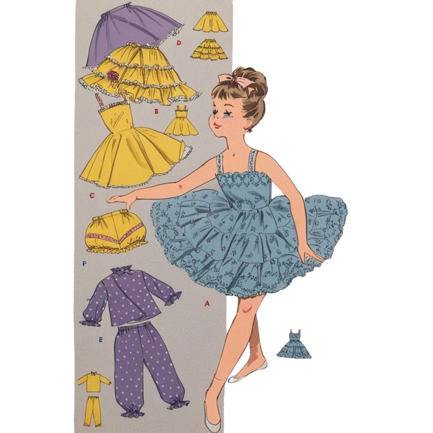 Vintage-style paper doll with blue dress and accessories on a plain background