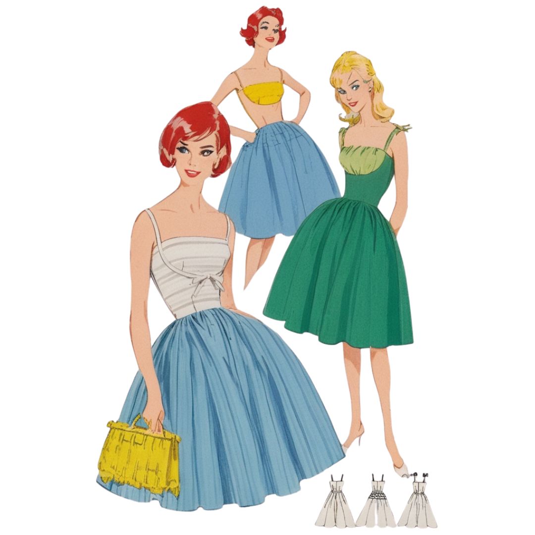 Illustration of women in vintage-style dresses with a white background