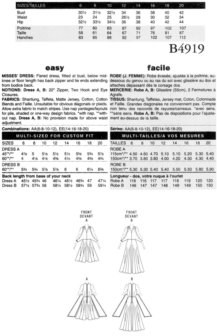 Measurement chart for dresses with size chart and dress illustrations.