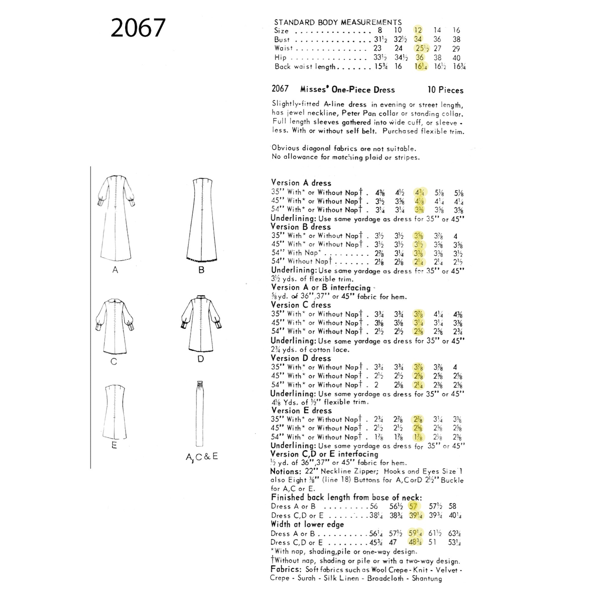 Patterned dress with measurements and design variations on a white background