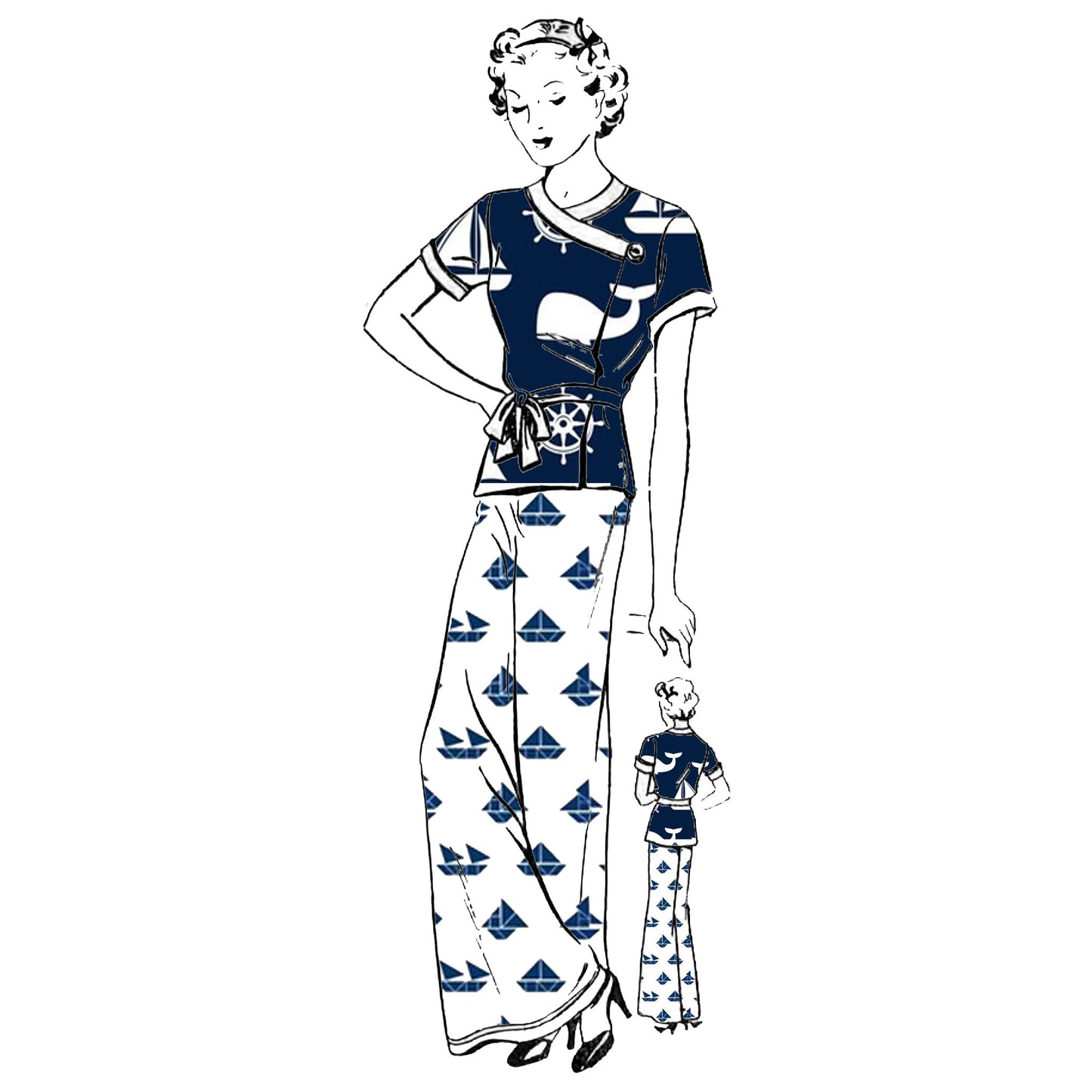 Woman wearing nautical beach pajamas made from a 1930s Bestway 11317 sewing pattern