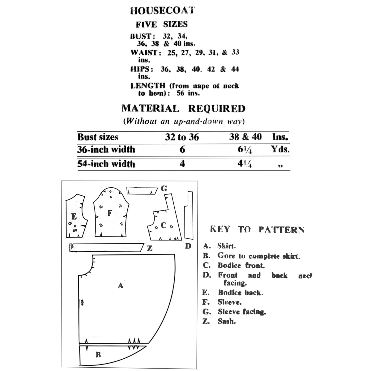 A sewing pattern measurement chart for a housecoat, showing bust, waist, and hip measurements, material requirements, and a key to pattern labels.