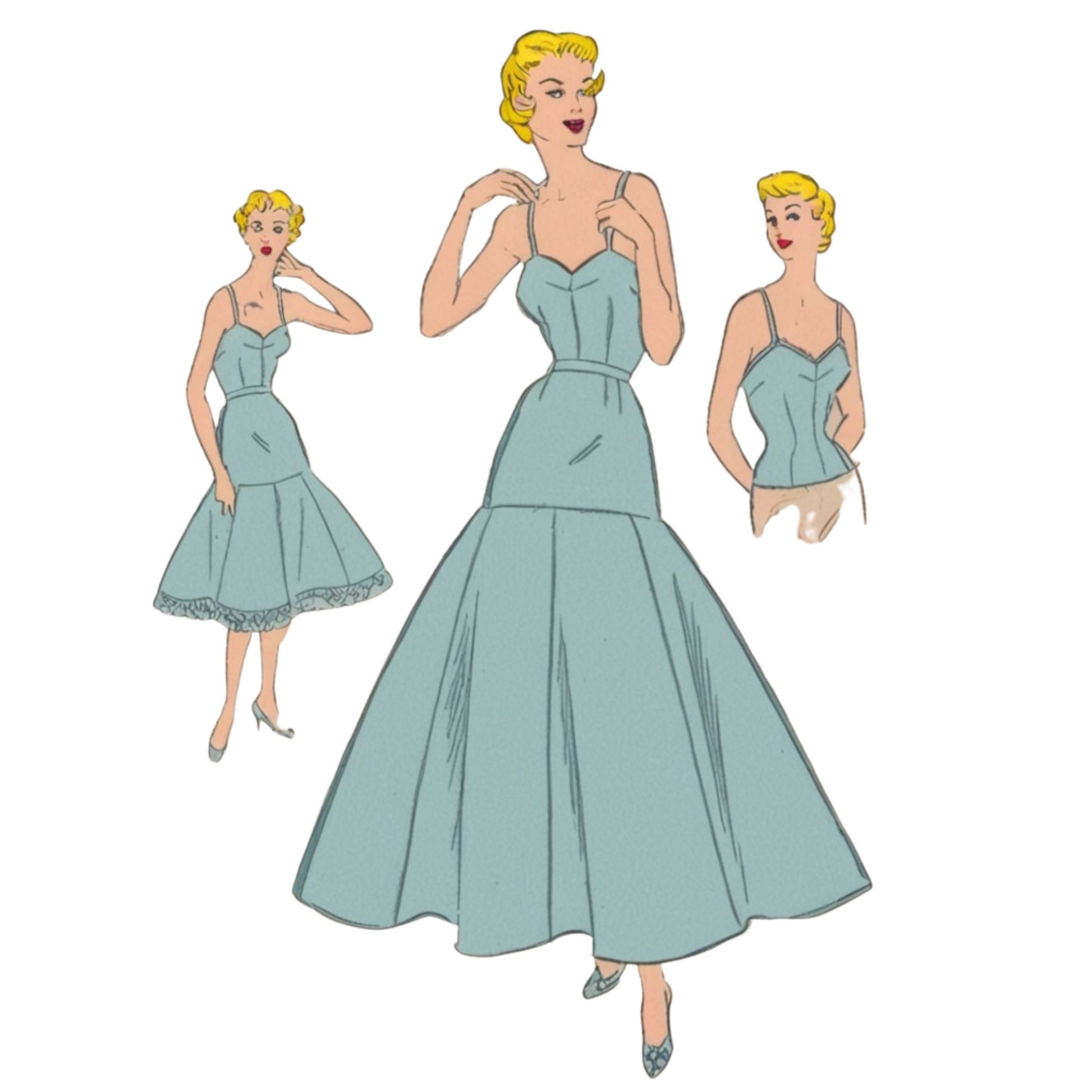 Illustration of a woman modeling  light blue lingerie with three different views.