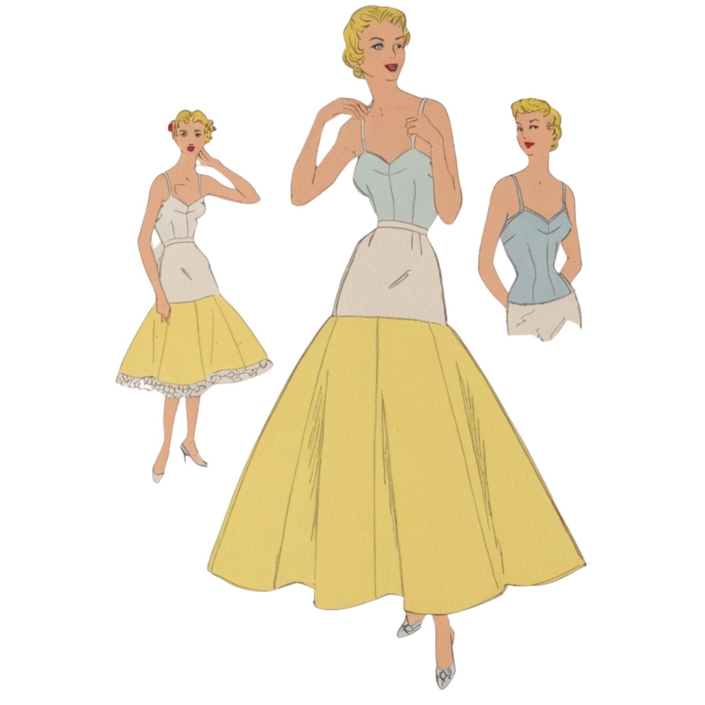 Women wearing full length slip, calf length slip and bustier