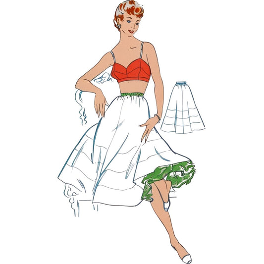Illustration of a woman wearing a red top and white skirt with green trim, holding a white petticoat.