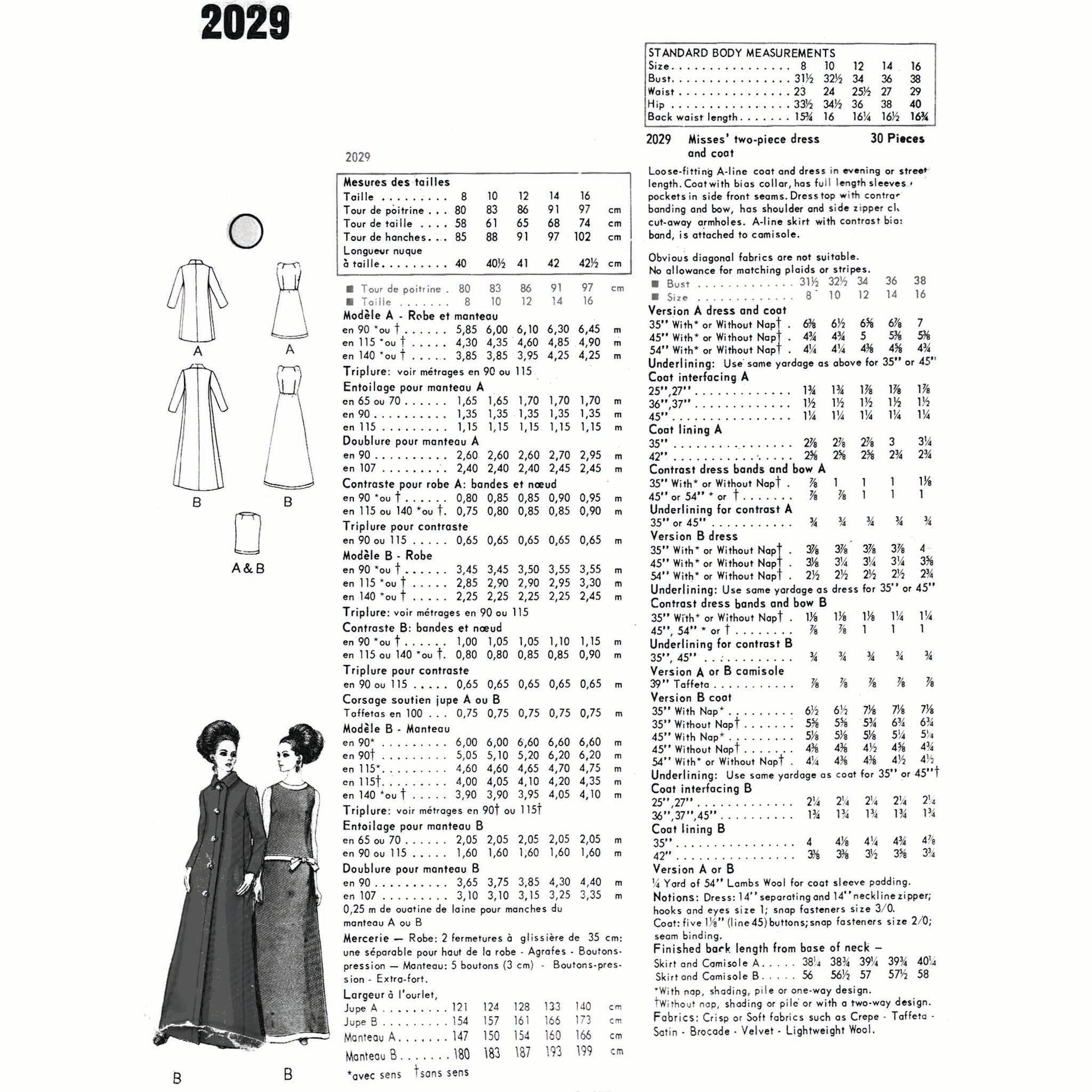 Vintage fashion catalog page with clothing illustrations, measurements, and text.