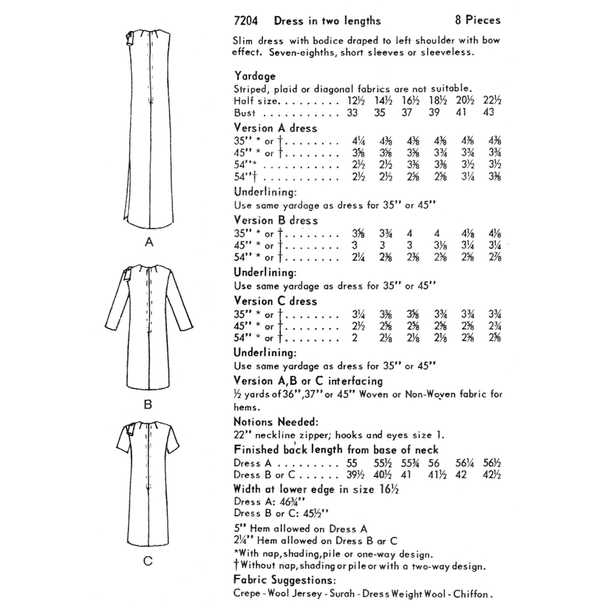 Vintage dress pattern with measurements and fabric suggestions on a white background