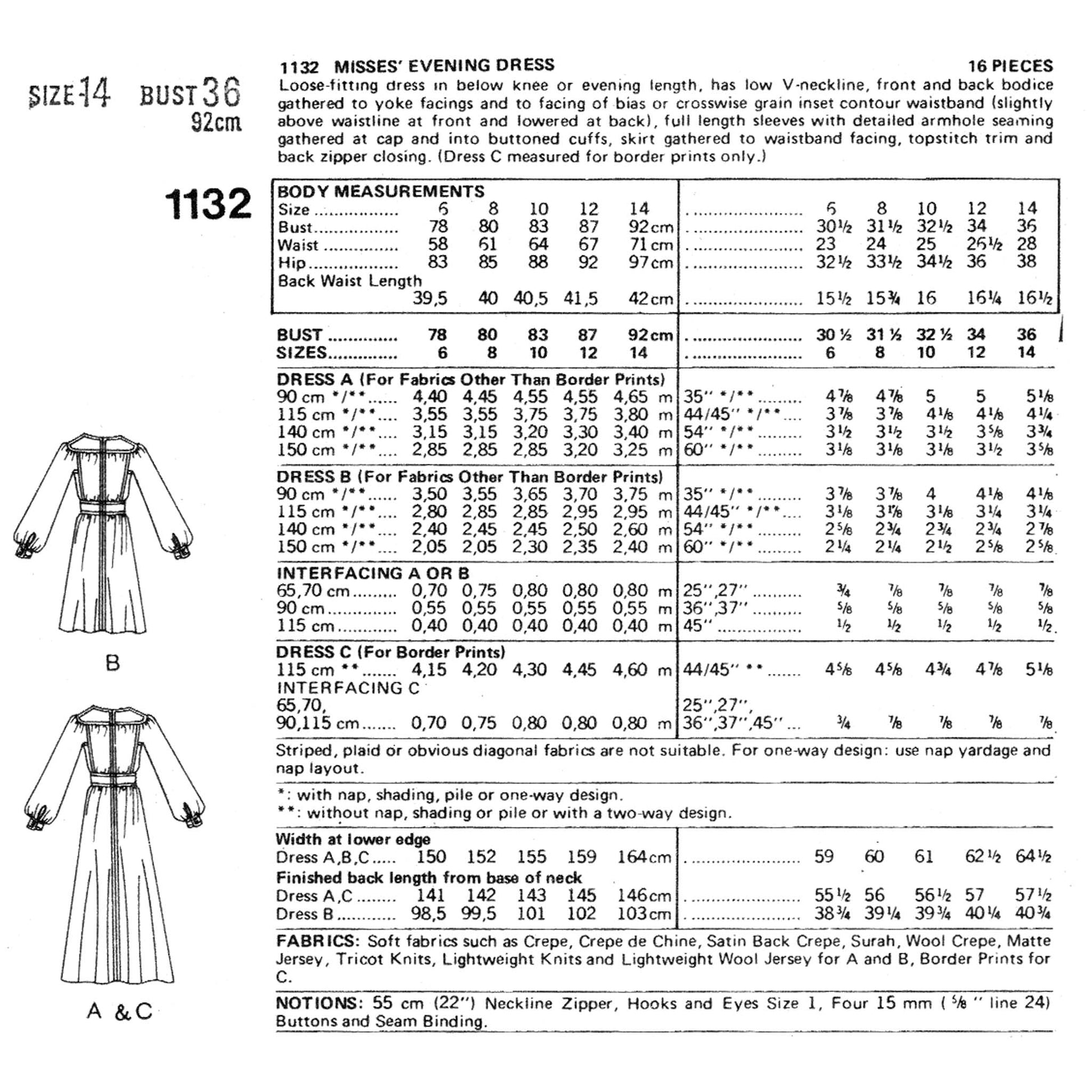 A printed sewing pattern cover page for a Misses' Evening Dress, showing size and body measurements tables, fabric sizes, construction details, and fabric recommendations on a white background.