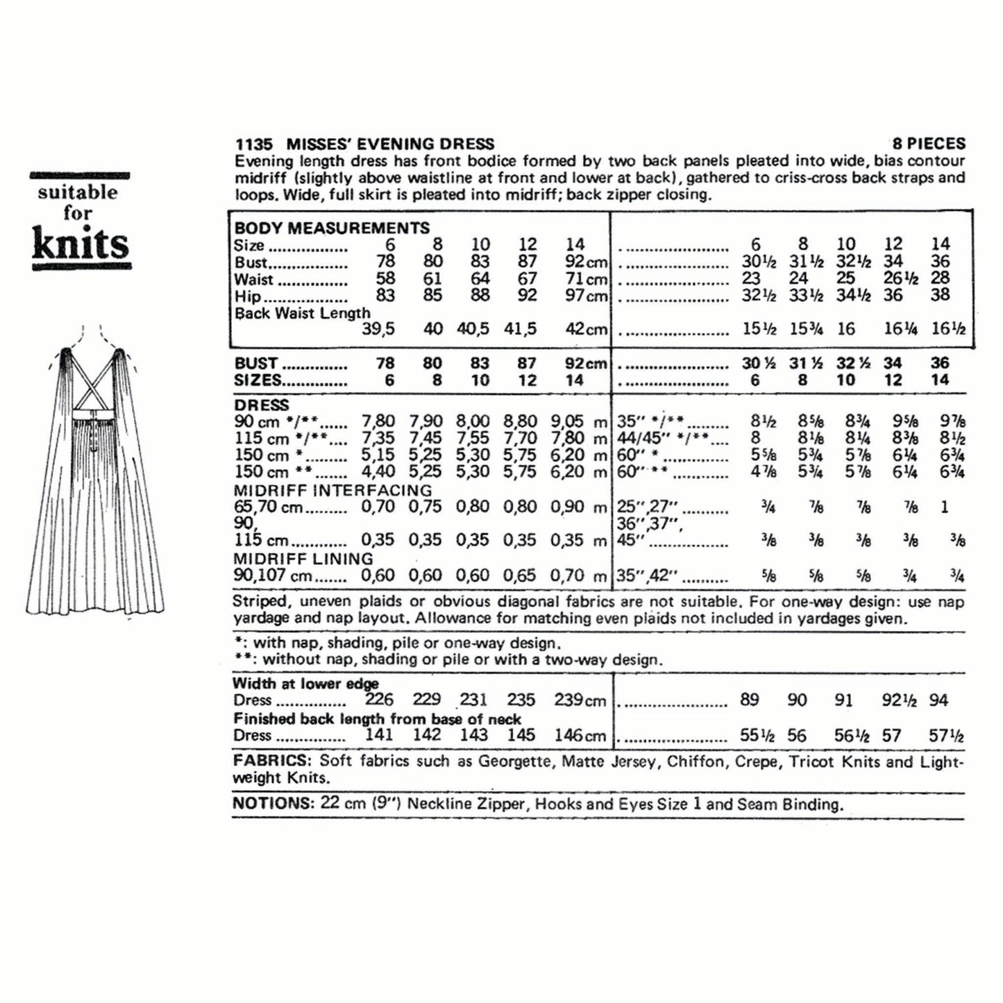 Pattern envelope for a misses' evening dress with measurements and fabric information.
