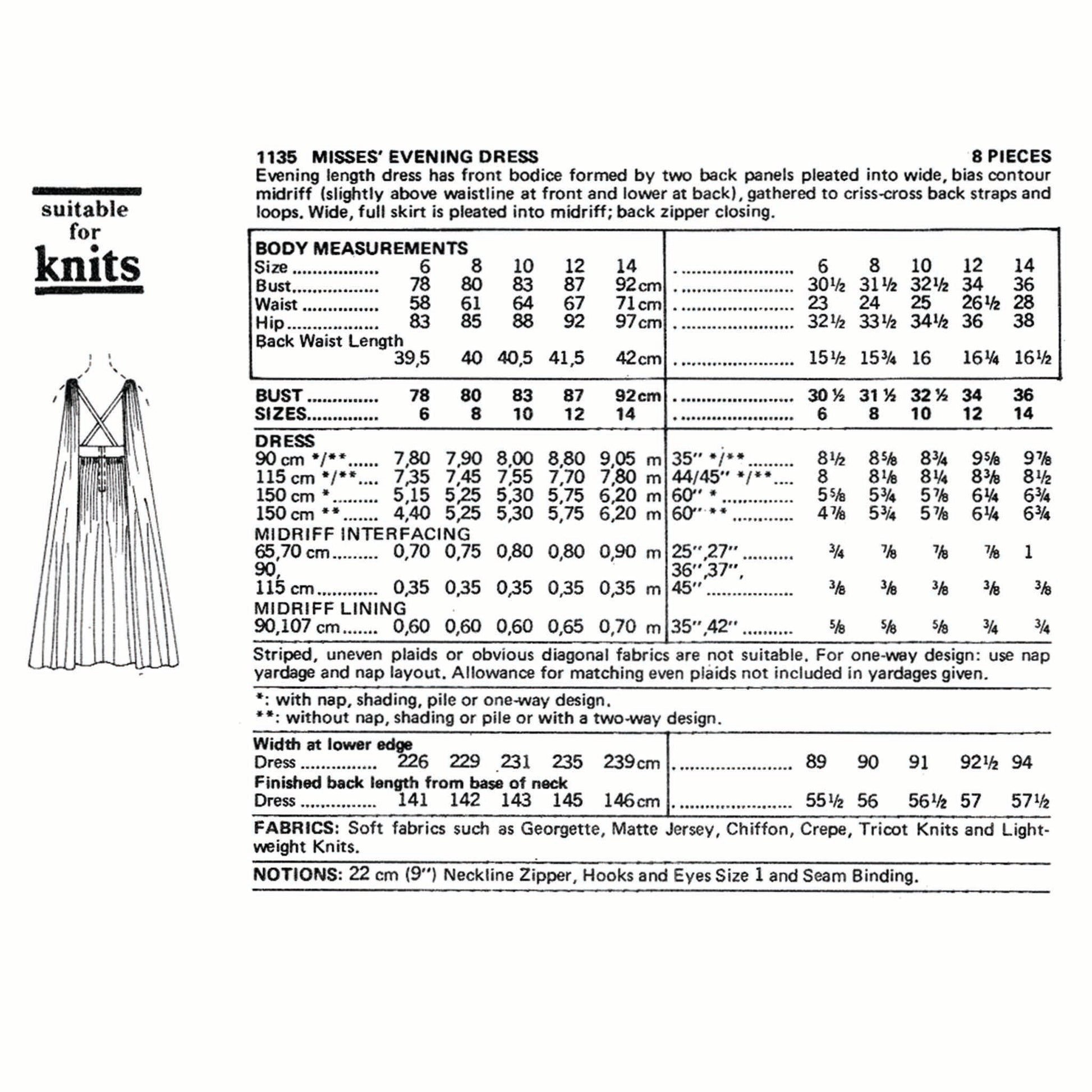 Pattern envelope for a misses' evening dress with measurements and fabric information.