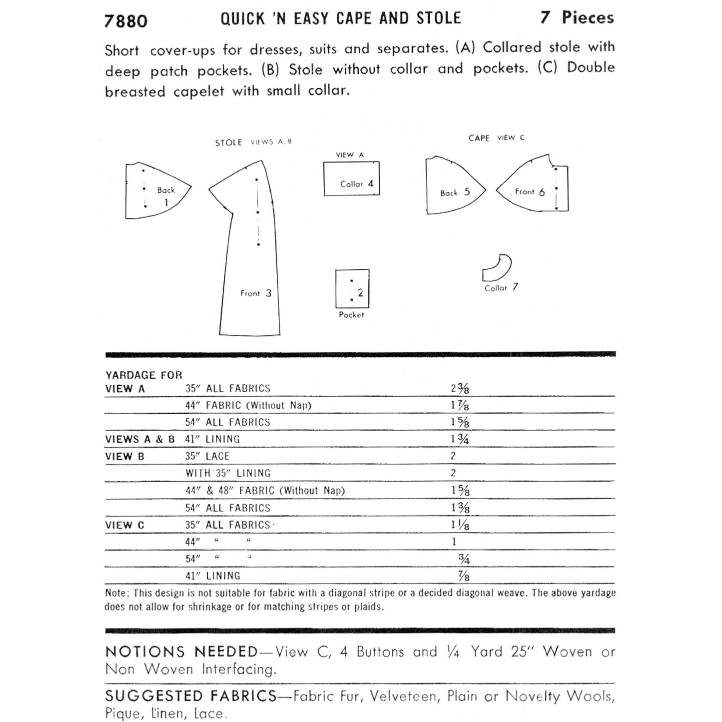 Pattern diagram and yardage chart for a 'Quick 'N Easy Cape and Stole' with fabric requirements.