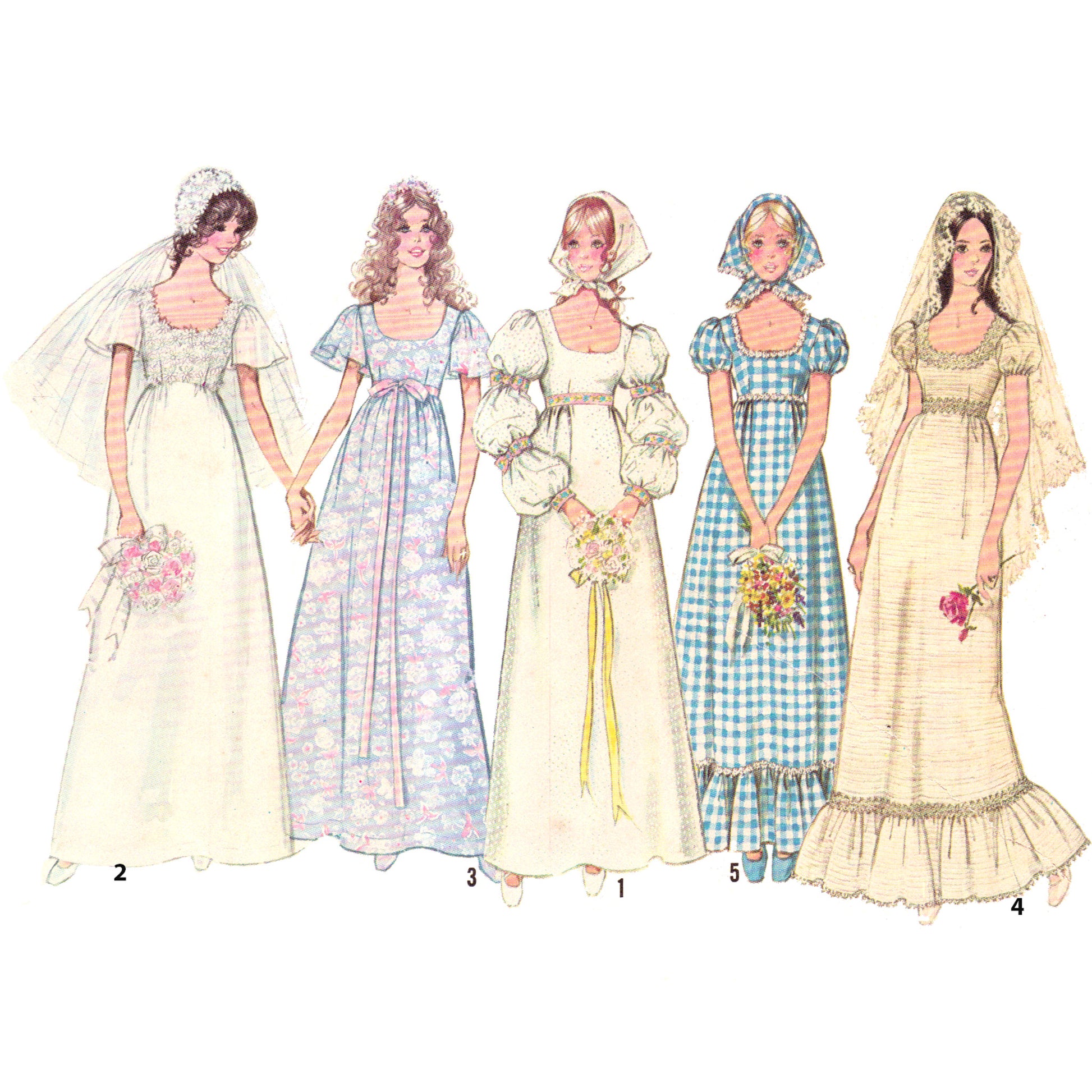 Five vintage-style wedding dresses on a white background