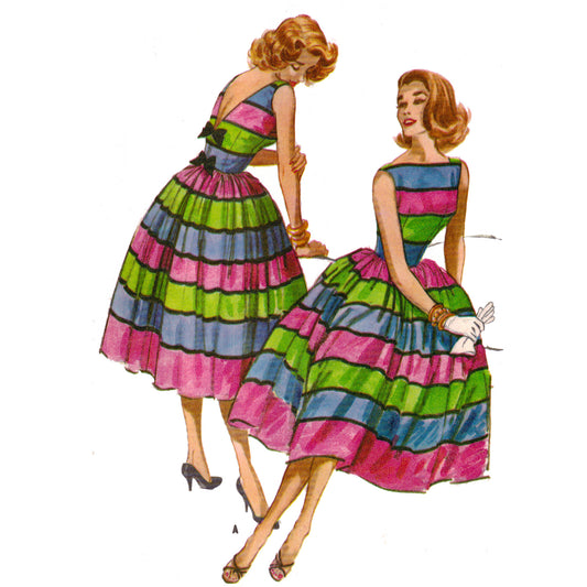 Illustration of a woman wearing a colorful striped dress on a white background