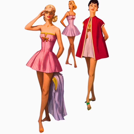Three illustrated women in vintage-style clothing on a white background
