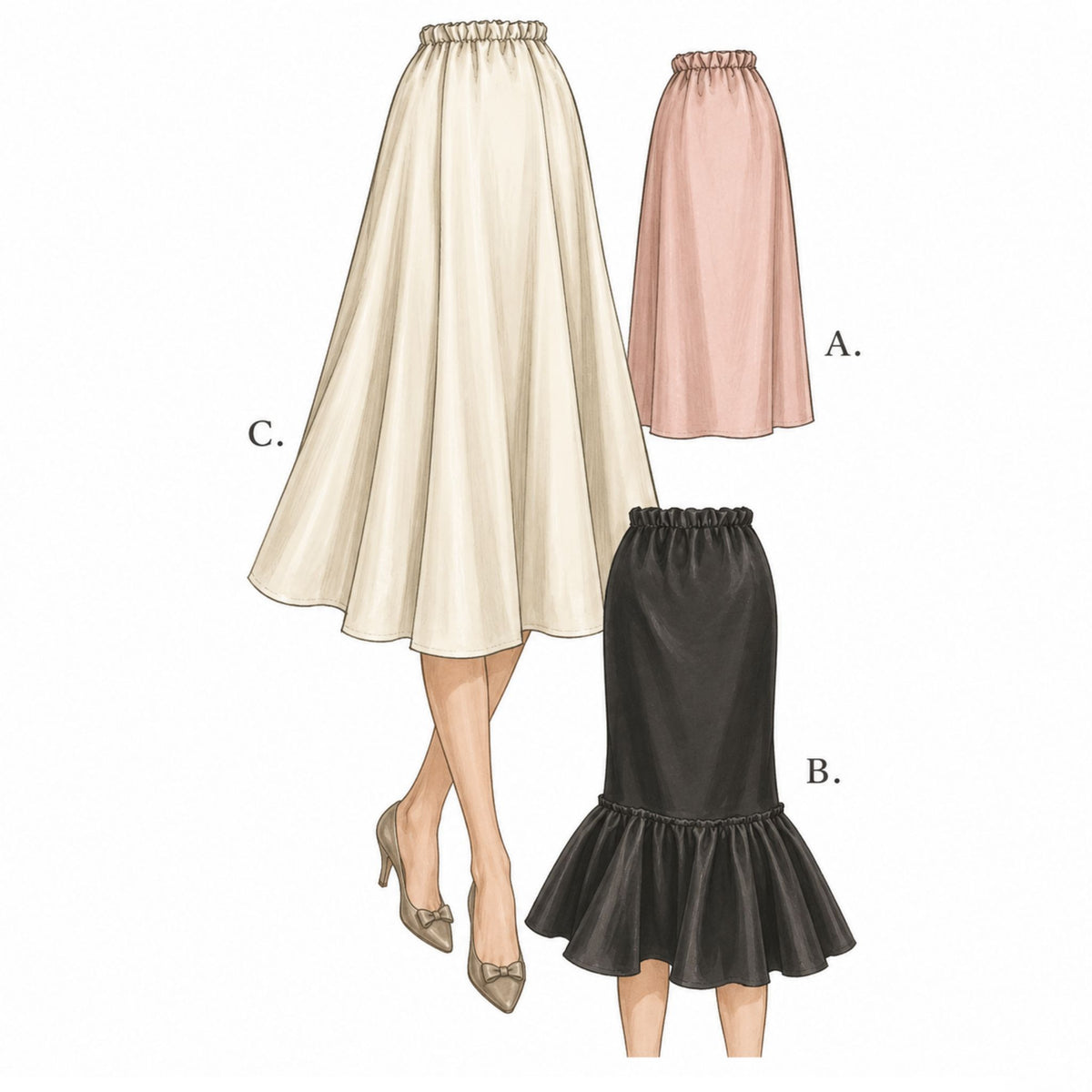 Sewing pattern options for an A-line skirt, showing three color variants labeled A, B, and C: a cream skirt worn with beige heels, a light pink skirt, and a black skirt with a ruffled hem.