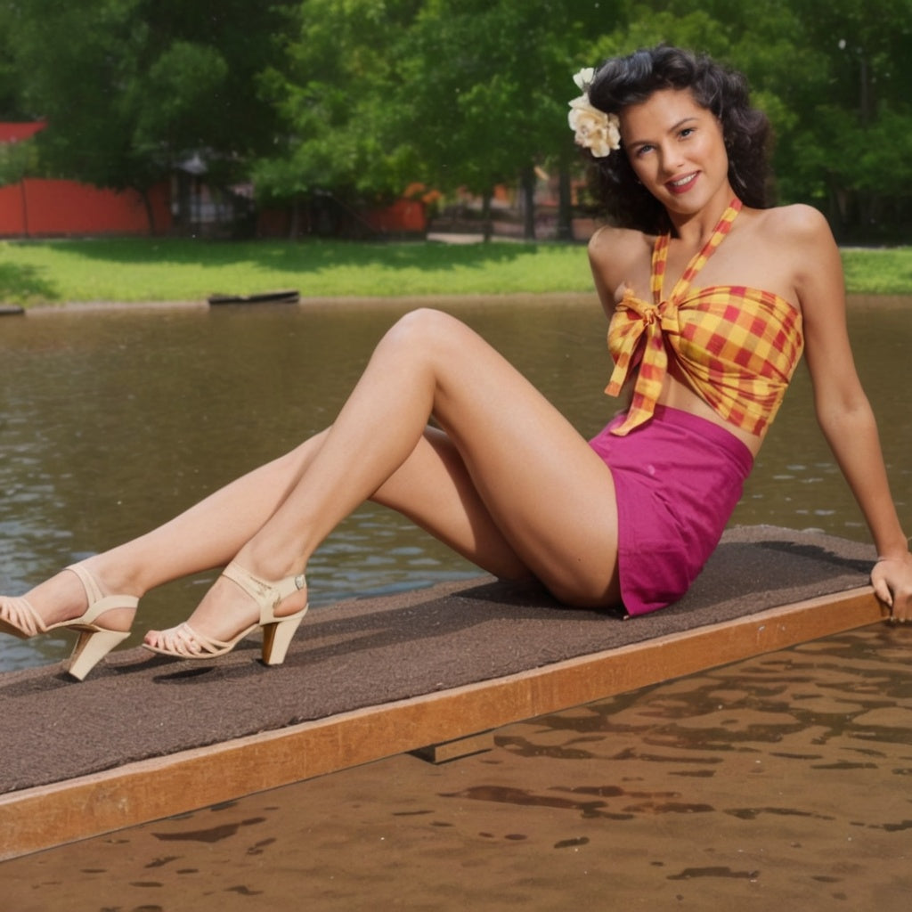 Woman in a yellow and red checkered top and pink skirt sitting on a dock by a body of water.