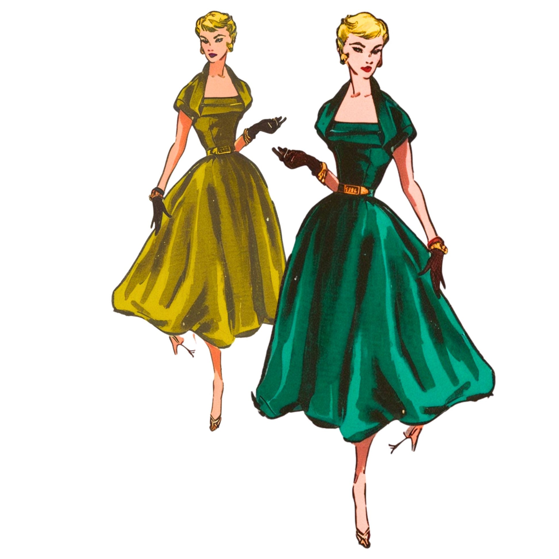 Two women in vintage-style dresses, one yellow and one green, on a white background.