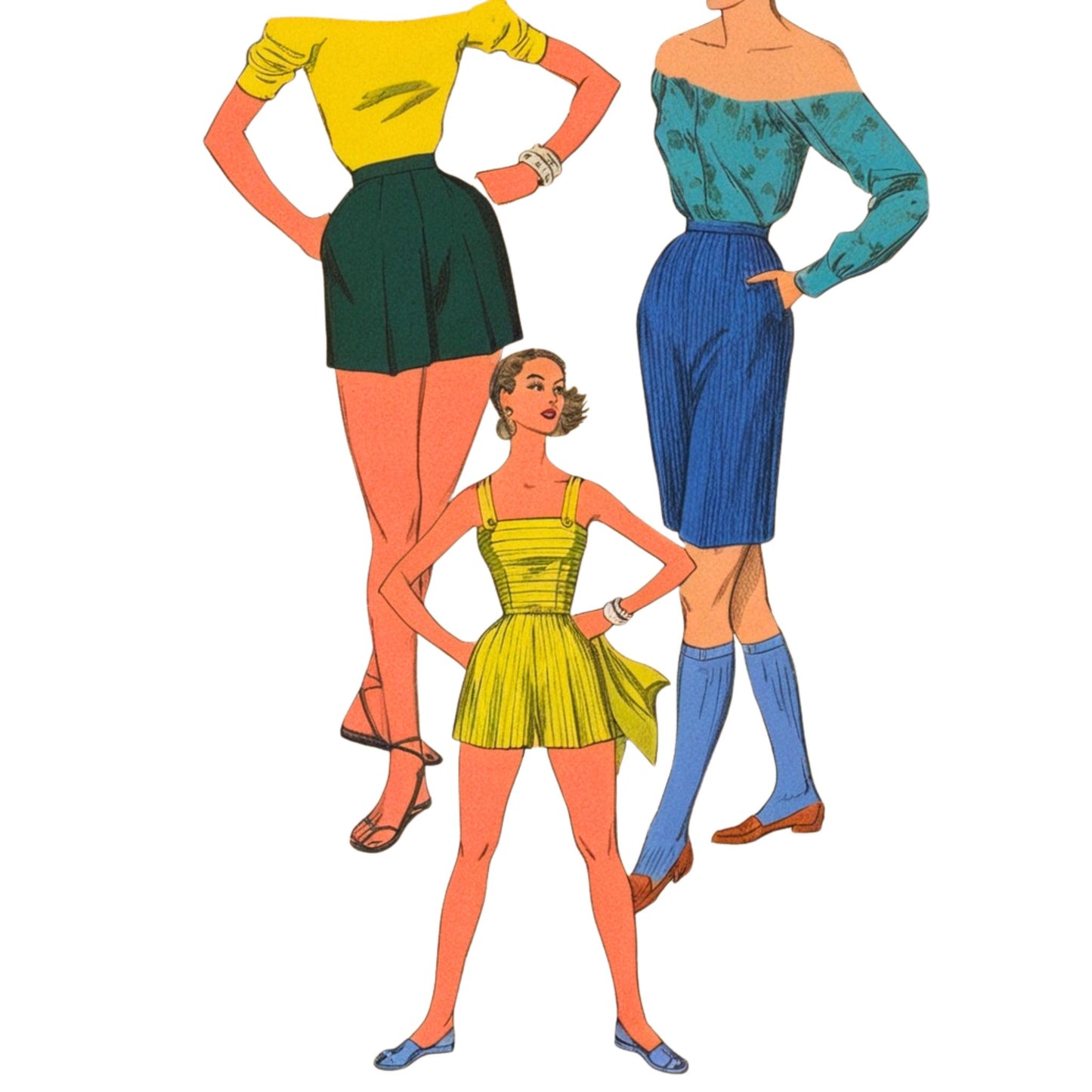Illustration of three women in vintage-style clothing on a white background