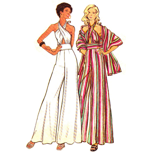 Model wearing evening jumpsuit & stole made from Butterick 3154 pattern