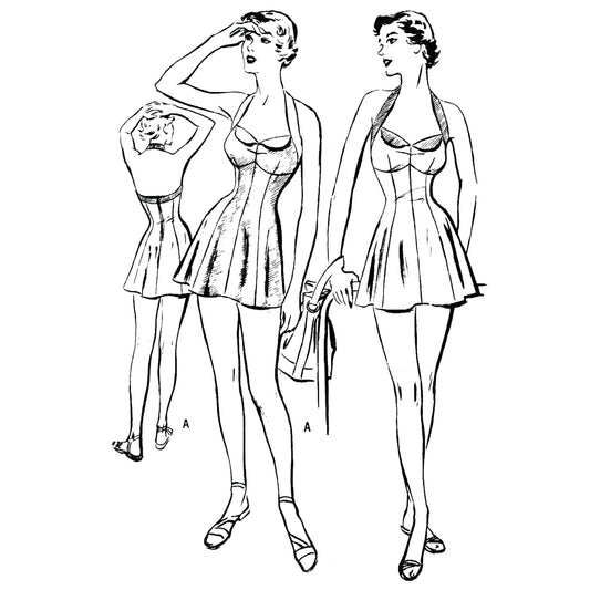 Model wearing dressmaker bathing suit: halter neckline made from Butterick 5334 pattern
