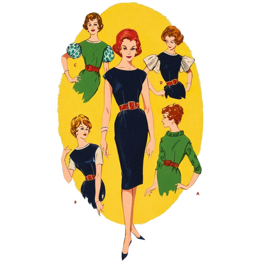 Illustration of a woman in a navy dress with four smaller versions of herself in different outfits on a yellow background.