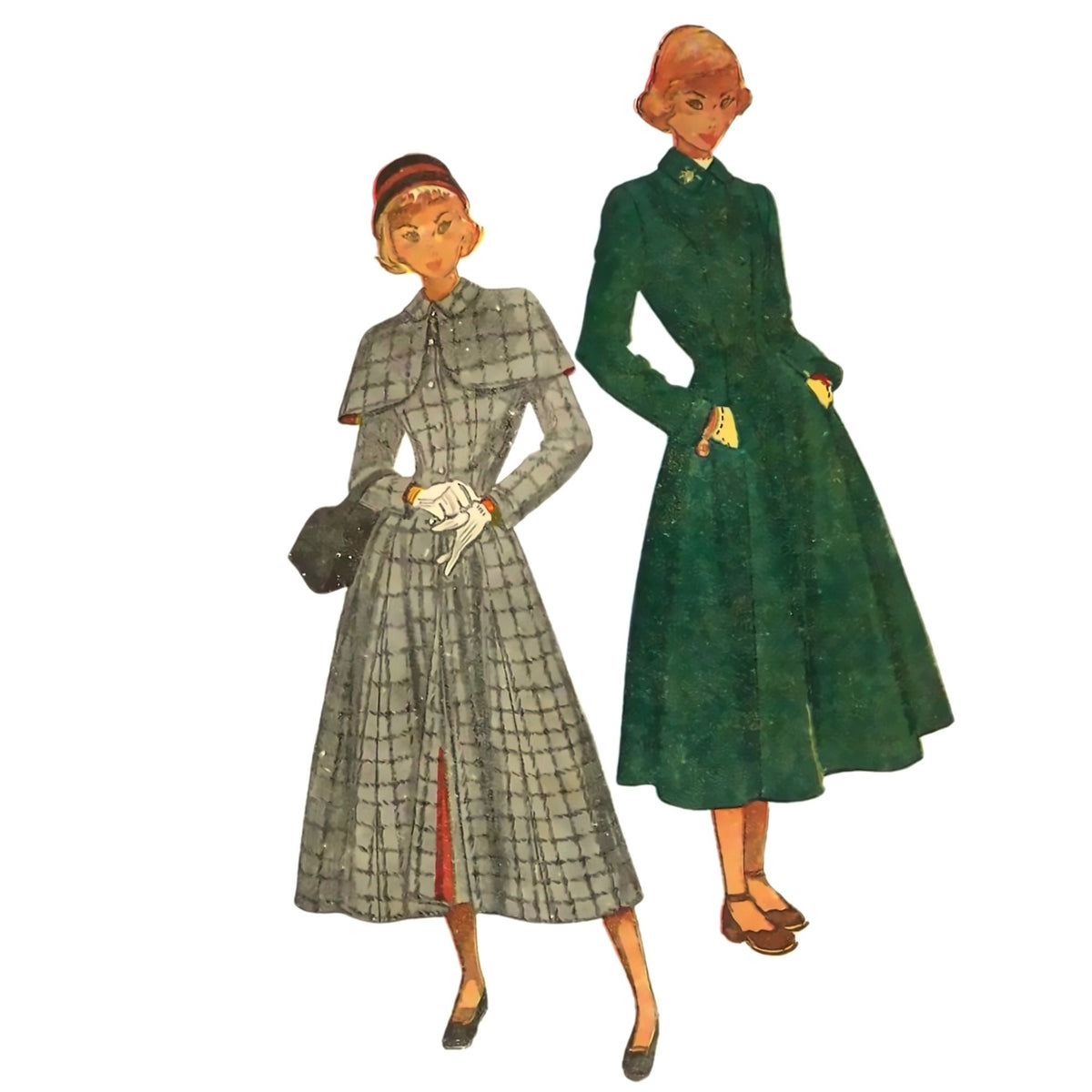 Vintage sewing pattern illustration showing two women modeling long dresses from the 1950s. One dress is gray with a black and white windowpane plaid pattern, and the other is a solid dark green midi dress.