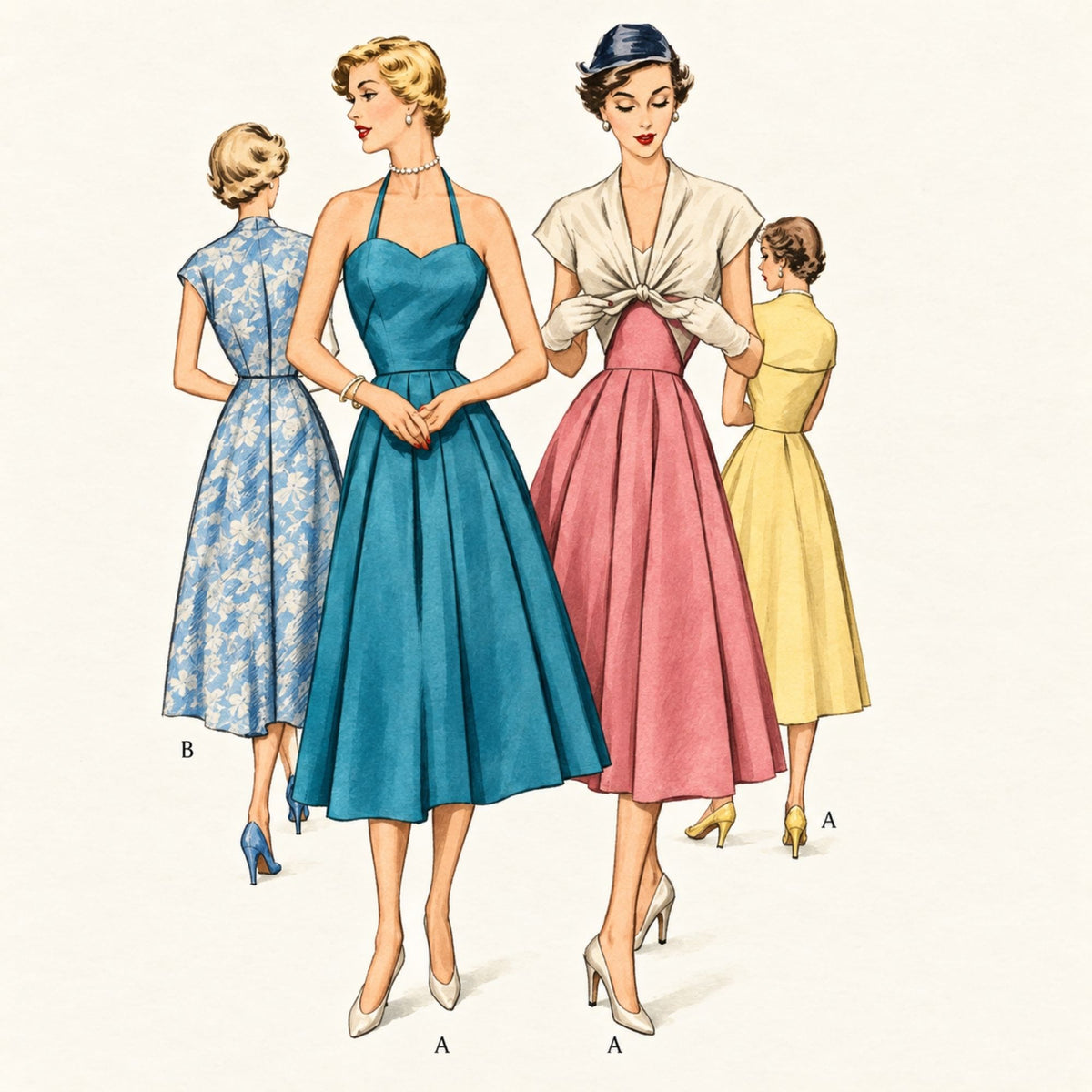 Vintage fashion illustration showing four women modeling A-line dresses, with labels A and B indicating color or style variants. The central figures wear teal and pink dresses, with one in a cream wrap and one in a yellow dress, all on a plain light background.