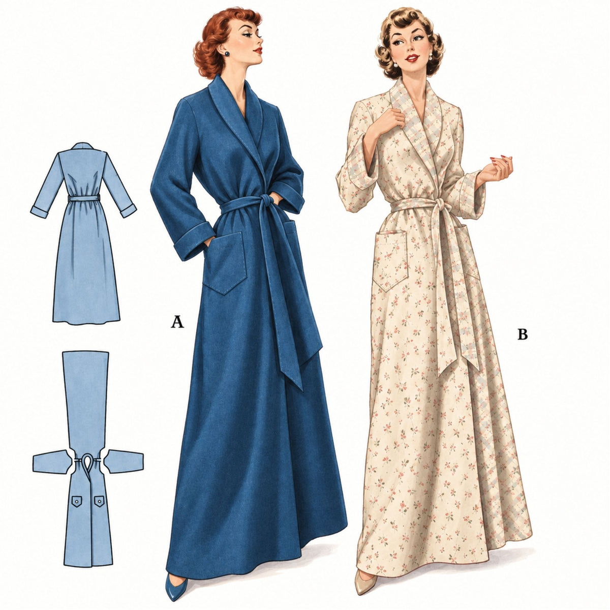 Vintage sewing pattern illustration showing two long robe dresses, labeled A and B. On the left are flat line drawings of the robe styles.