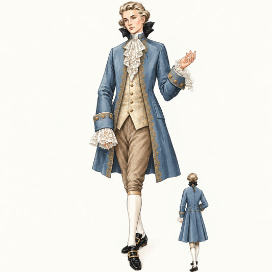 A sewing pattern illustration of a person wearing an ornate historical-style blue coat with gold trim, a cream waistcoat, lace ruffles, tan breeches, white stockings, and black shoes, shown on a plain light background with a smaller back-view inset of the outfit.